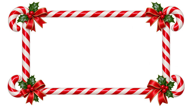 Christmas candy cane frame with holly bows, isolated on transparent background
