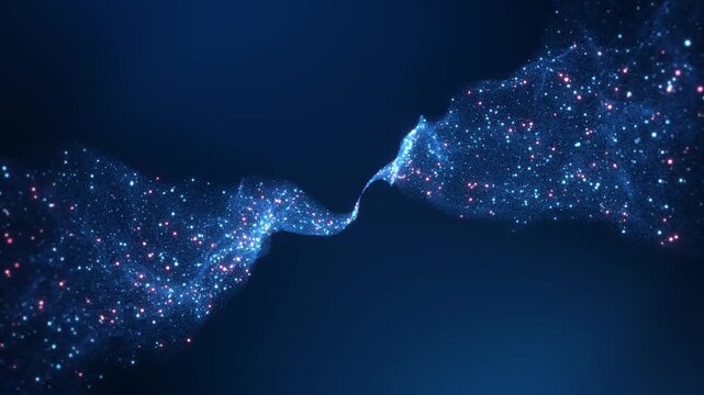 Countless luminous points shape flowing ribbon that narrows center expands wide curves accents depth abstract particle background for digital design, ambient visuals, event screens cinematic titles.