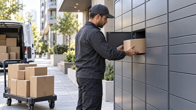 Delivery worker loading a cardboard package into a secure parcel locker beside a van, illustrating last-mile delivery infrastructure and logistics operations.