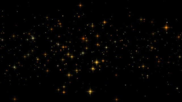 Gold glitter particles twinkling in a wide horizontal band as fine sparkling dust and star glints drift slowly across a black background in a seamless loop