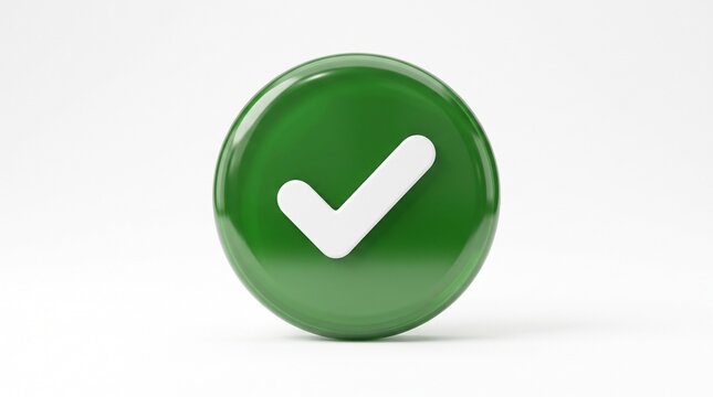 Glossy green circular button featuring a bold white checkmark, centered on a clean white background, minimalist icon design, realistic 3D rendering, soft shadows.
