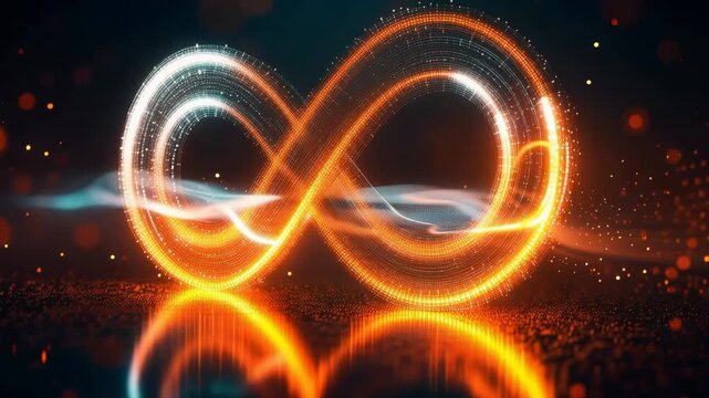Glowing infinity symbol made of radiant light trails on reflective dark surface creating abstract concept of endless energy eternity balance innovation and futuristic technology in luminous cinematic