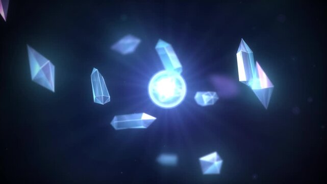 Glowing central core surrounded by floating crystal prisms and glass gems symbolizing leadership hub synergy innovation