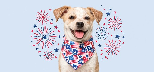 Fototapeta premium Outdoor holiday scene with fireworks and confetti featuring a joyful dog in a red, white, and blue bandana.