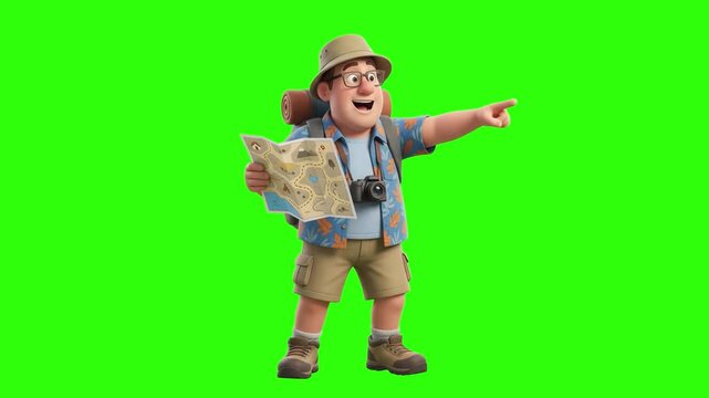 3D animated tourist man holding a navigation map and pointing direction with his finger over a chroma key green background. Excellent for travel guides, navigation app ads, tourism promos, vacation pl