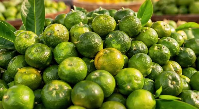 Basket of fresh green limes with leaves displayed at a bustling market stall