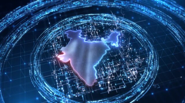 Neon blue edges outline map of India web electronic circuits glowing particles. Circular data rings futuristic setting digital transformation, regional business presentations connected infrastructure