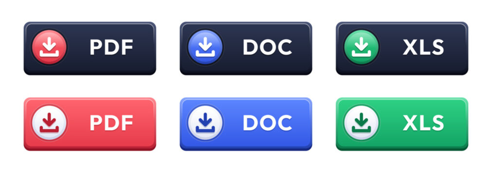 Set of six colorful rectangular download buttons with file format labels on a white background