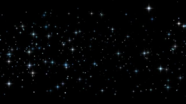 Icy blue glitter particles twinkling in a wide horizontal band as fine sparkling dust and star glints drift slowly across a black background in a seamless loop