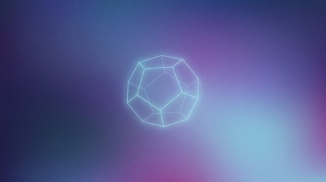 Neon geometric outline of a dodecahedron rests against a blurred purple and blue gradient background polyhedron