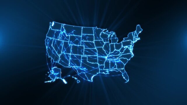 Glowing American state outlines backdrop, linked by luminous arcs network nodes. A geographic technology interstate communication, nationwide data connections, regional logistics and online services.
