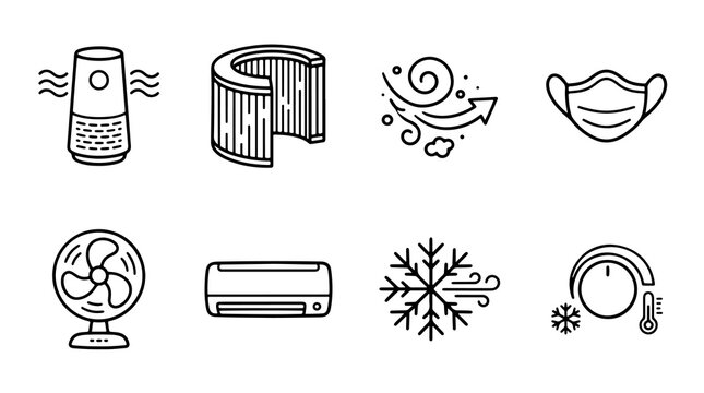 Minimalist air purification and cooling icon set, 8 line icons for HVAC systems, climate control and air quality symbols for home appliance design