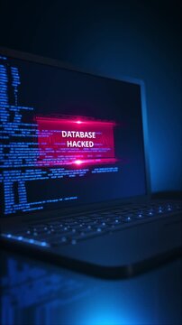 A magenta DATABASE HACKED warning computer code laptop screen. Alert triangles, moody lighting keyboard cybersecurity for data breach explainers, privacy awareness and information security training.