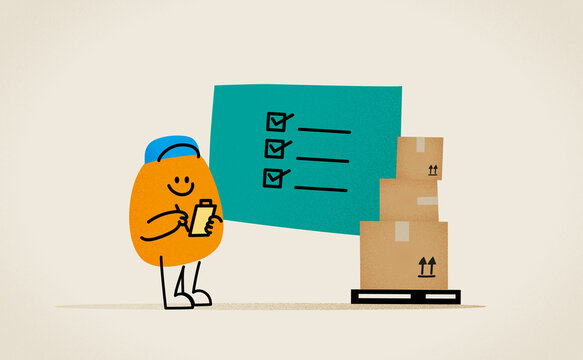 Warehouse inventory worker checking parcel checklist illustration