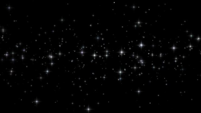 Silver and white glitter particles twinkling in a wide horizontal band as fine sparkling dust and star glints drift slowly across a black background in a seamless loop