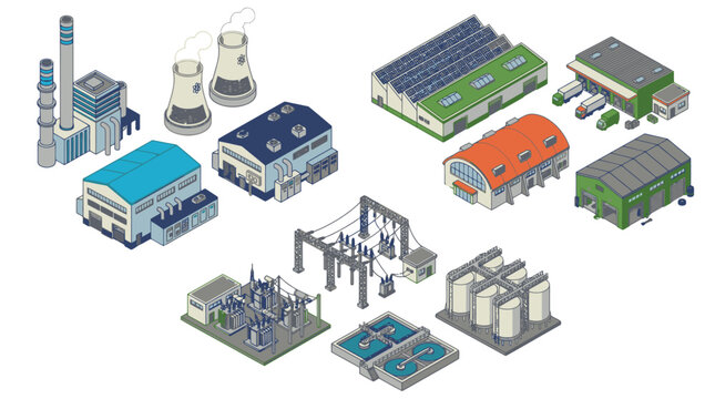 Professional Isometric of Various Industrial Facilities and Equipment with Distinctive Colors and Structures