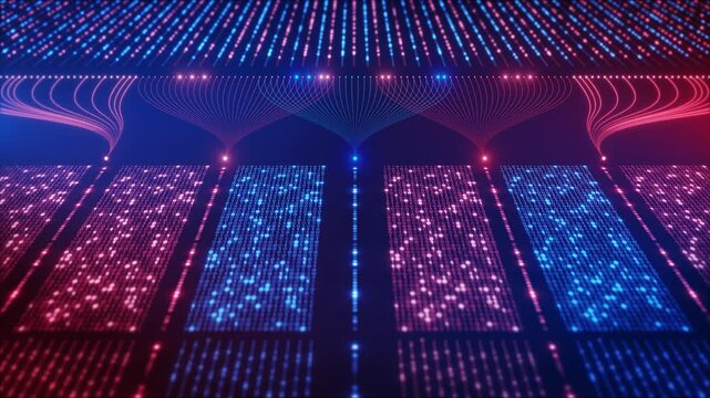 Grouped binary data lanes connect to bright nodes through curved lines, with particles background. Abstract network animation data aggregation, transmission processing modern digital video projects.