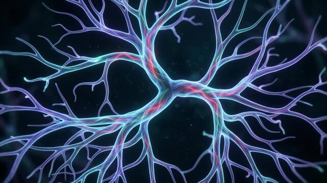 Detailed 3D rendering of glowing neural network dendrites and biological pathways with glowing impulses. Great for medical documentaries, AI technology promos, brain research videos, neuroscience pres