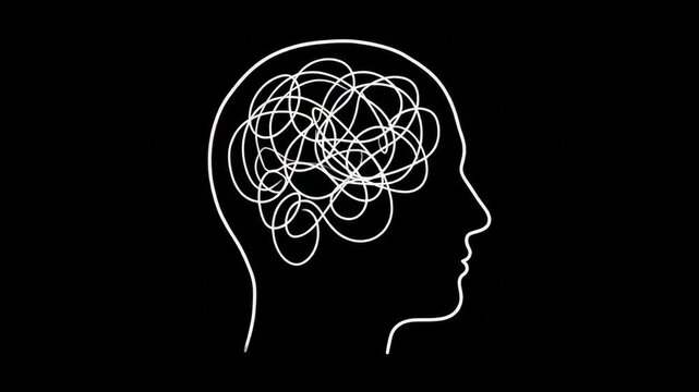 Animated white glowing neon line art of a human profile silhouette filled with a messy, tangled knot of thoughts inside the brain over a pitch black background. Ideal for mental health awareness promo