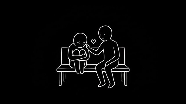 Animated white glowing neon line art of a caring person comforting a sad friend sitting on a bench with a heart symbol over a pitch black background. Ideal for mental health awareness promos, empathy 