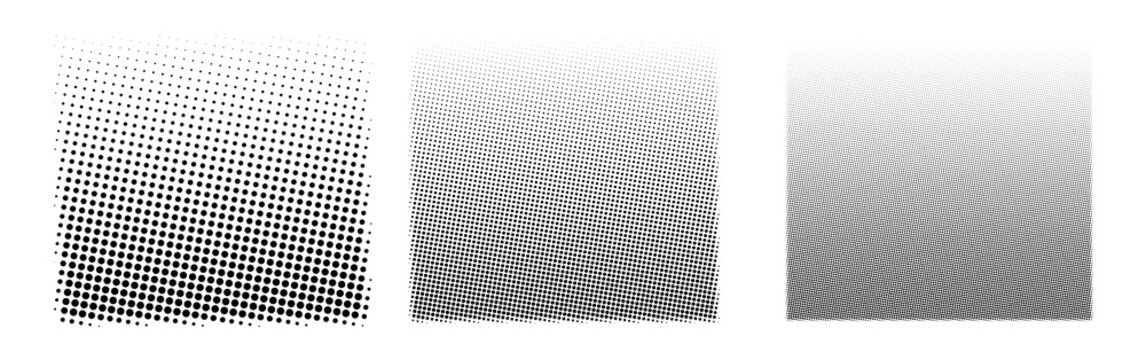 Set of three halftone dot gradients with varying density and size, abstract monochrome vector patterns for design elements isolated on white background