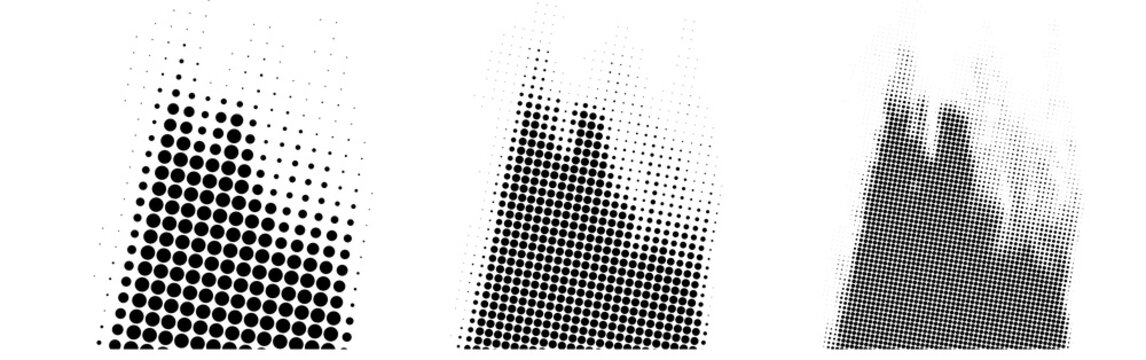 Set of three abstract halftone patterns with varying dot sizes and density, creating gradient textures for graphic design elements isolated on white background