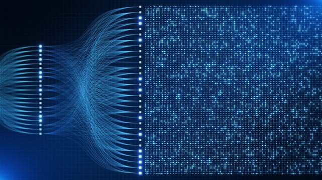 A layered network of fine blue pathways links nodes to a dense field of neon dots dark grid. computing machine learning models, connected data architecture intelligent processing for AI explainers.