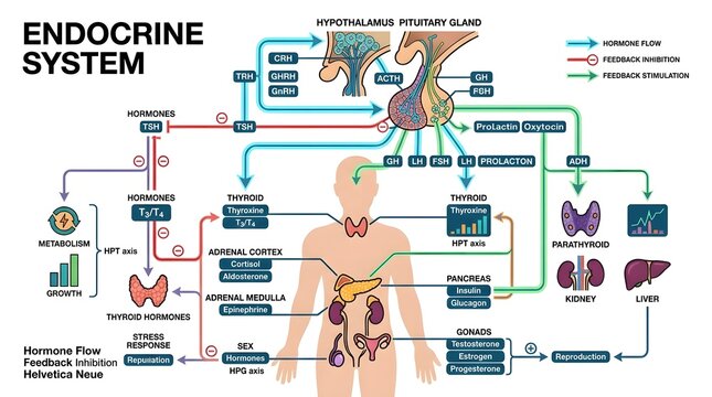 Endocrine System Diagram Showing Human Hormones and Feedback Pathways