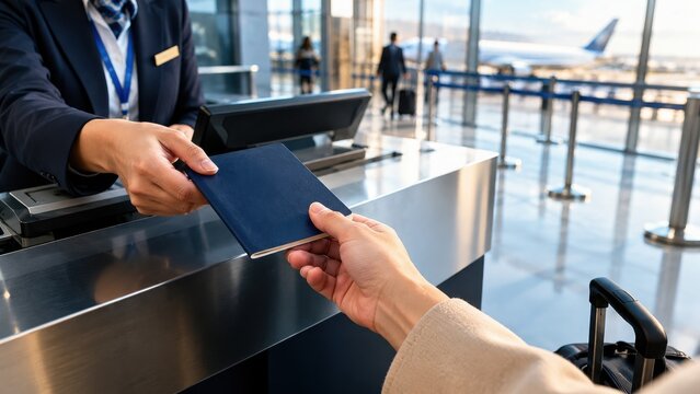 Passenger handing a blue passport to an airline check in agent at a busy airport terminal counter