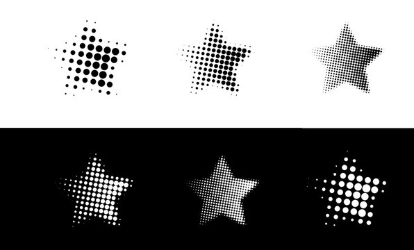 Set of halftone star shapes, abstract dotted star icons with varying dot sizes and density for graphic design elements