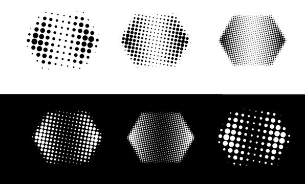 Set of halftone hexagon shapes, abstract geometric dotted elements for design, vector illustration isolated on white background