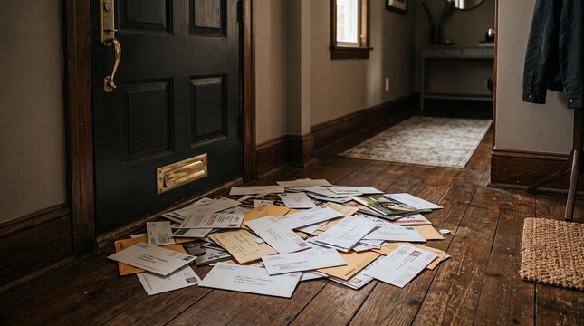 scattered paper letters and envelopes lying on floor near door