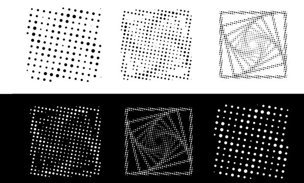 Set of halftone dot patterns with geometric square rotations and abstract grid textures for graphic design and digital art elements