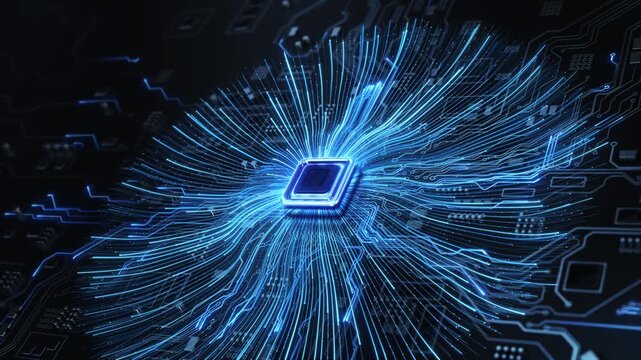 Fine blue trails fan processor across motherboard circuit traces and tiny luminous nodes. Abstract hardware representing digital computing, data processing artificial intelligence technology concepts.