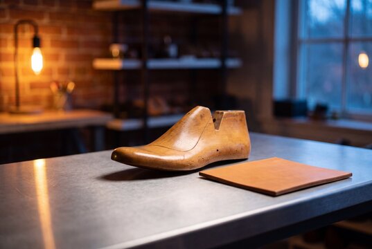 Wooden shoe last and square leather piece on cobbler workshop table