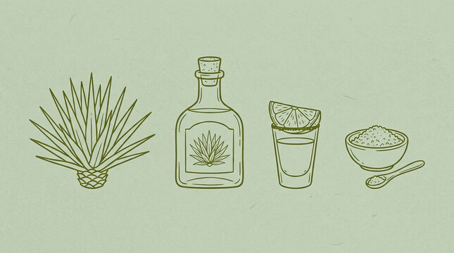 Vector drawn art of tequila preparation items featuring agave plant and shot glass