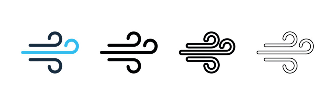 Wind icon set. Symbol depicting air movement and windy weather conditions in various styles.