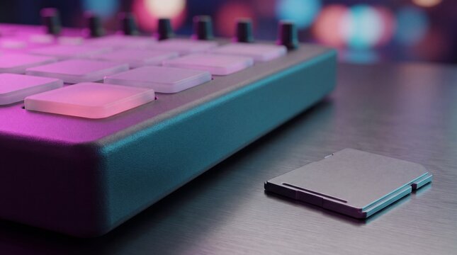 Illuminated music production drum pad and memory card on dark desk