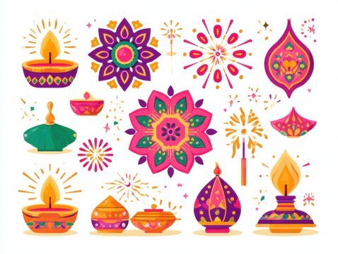 Colorful diwali celebration vector icons set