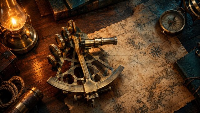 Vintage brass sextant placed on an old nautical map with a glowing oil lamp on a dark wooden table d