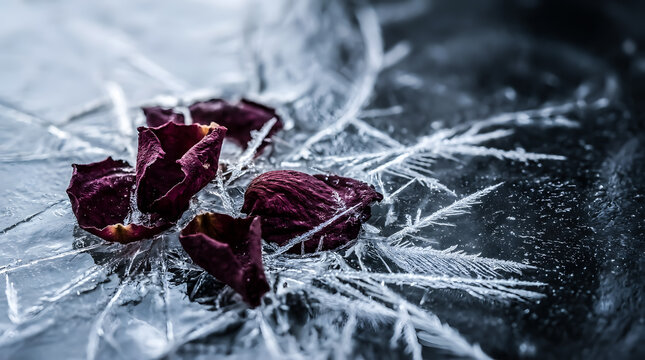 A close-up of frozen rose petals on a bed of ice with intricate frost patterns