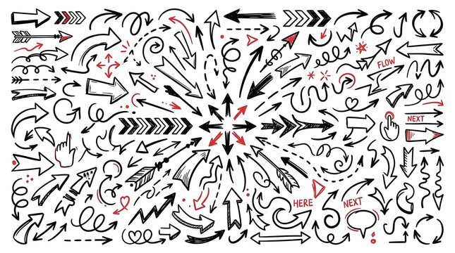 Collection of hand drawn arrows and directional cues on a white background