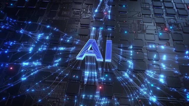 Metallic AI lettering intricate circuit board glowing pathways, chip modules scattered particles. digital computing animation represents intelligent processing, automation modern hardware architecture