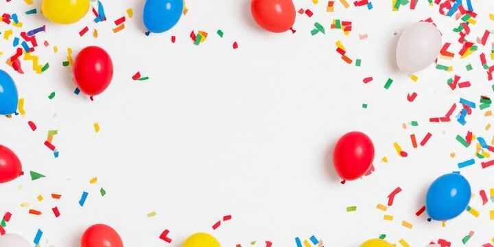 Colorful balloons and confetti arranged in a festive border on a white background, creating a joyful celebration theme.