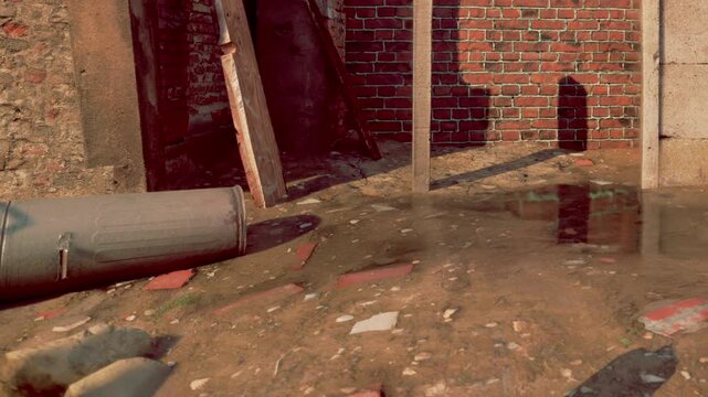 Water collects in puddles near broken bricks and wooden beams, capturing the surroundings. The scene feels quiet and forgotten, evoking a sense of decay and history.