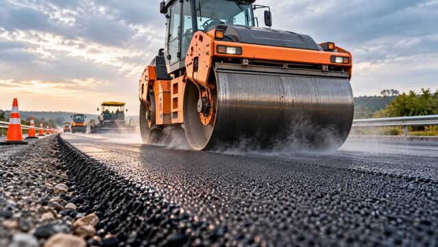 Large orange road roller compacting fresh black asphalt surface on highway construction site during sunset.