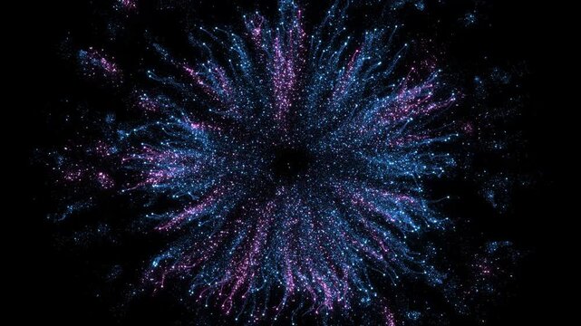 Dense magenta points open center, sparkling strands into black backdrop. neon particle portal animation adds luminous texture to cinematic intros, visual effects, creative video edits motion titles.