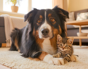 Fototapeta na wymiar Cute Australian Shepherd dog lying on the floor with a tiny tabby kitten at home
