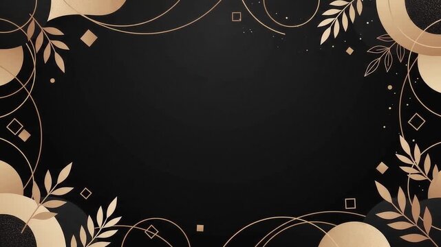 Luxury black and gold ornamental frame with delicate leaves, curves, and geometric details, leaving generous central space for elegant designs.
