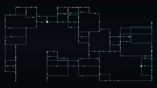 A looping digital schematic displays thin glowing lines and small nodes arranged in a complex network against a dark background.